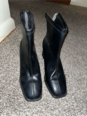 Black Stretch Leather Ankle Boots - Sleek Square Toe